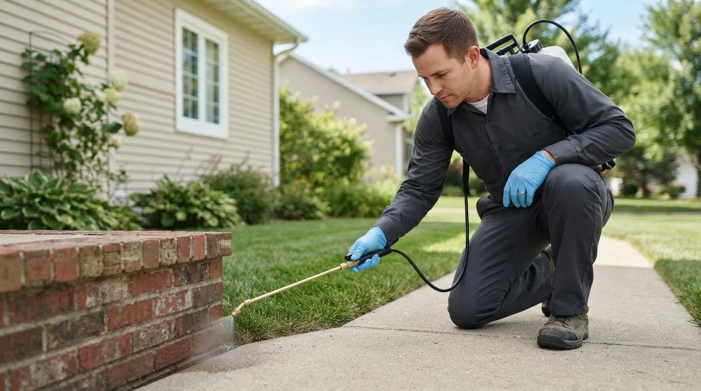 Pest control technician treating a home near Haswell, CO